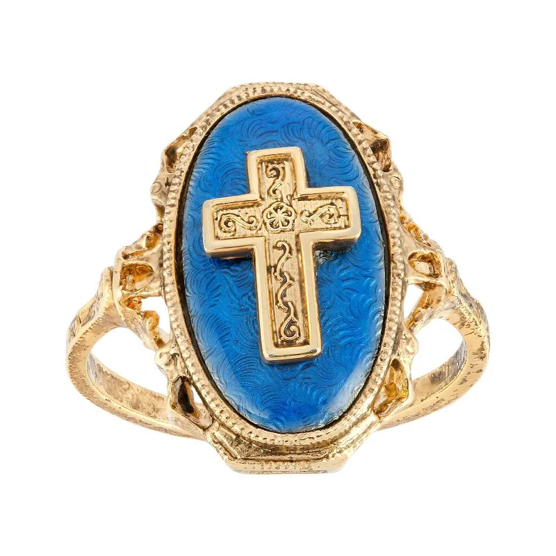 celestial rings for women -Symbols Of Faith Sapphire Blue Enamel Oval Cross Ring