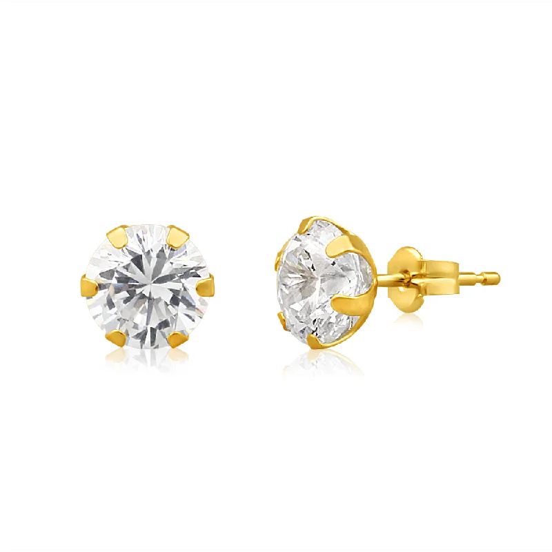 gold dangly earrings for women -9ct Yellow Gold Cubic Zirconia 7mm 6 Claw Stud Earrings