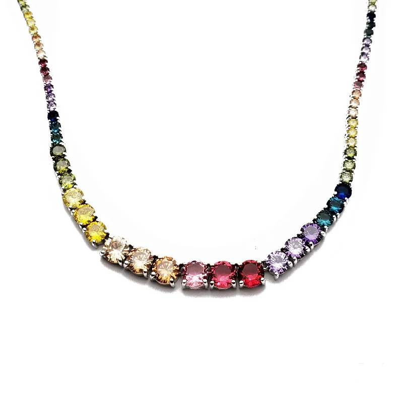 gold necklaces for women -Round Shape Multi-color Tennis Chain (Silver)