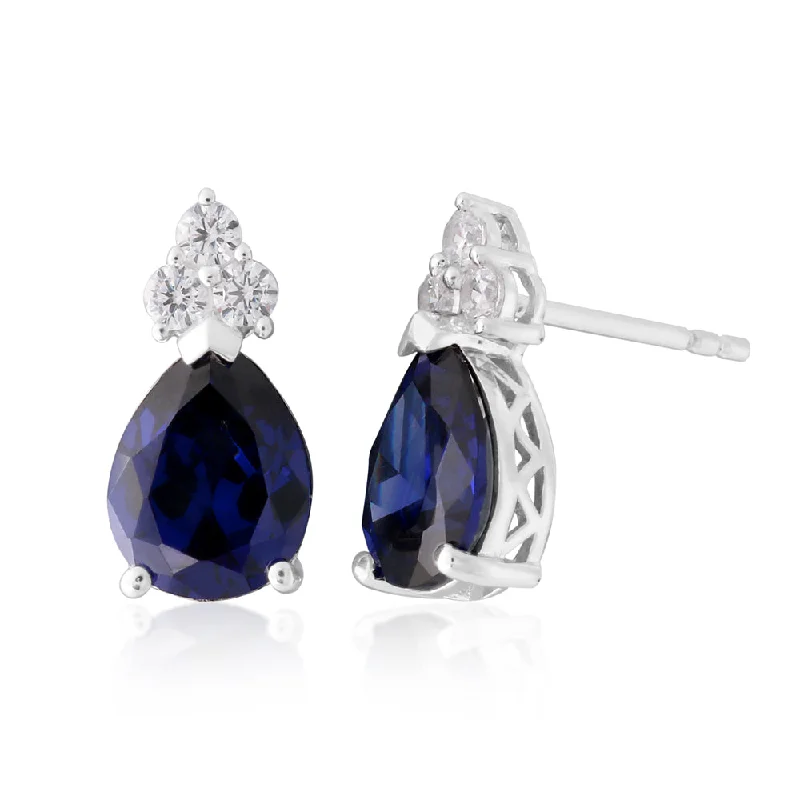 round earrings for women -Sterling Silver Created Tanzanite and White Zirconia Pear Stud Earrings