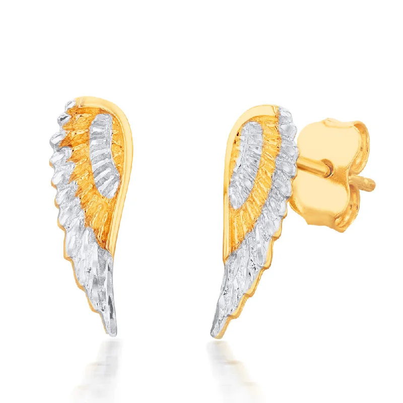 simple earrings for women -9ct Yellow And White Gold Angel Wings Diamond Cut Stud Earrings