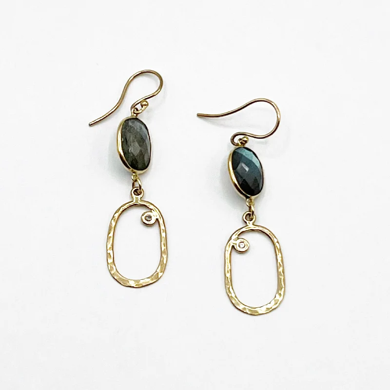 minimal earrings for women -Labradorite Hammered Oval Diamond Earrings