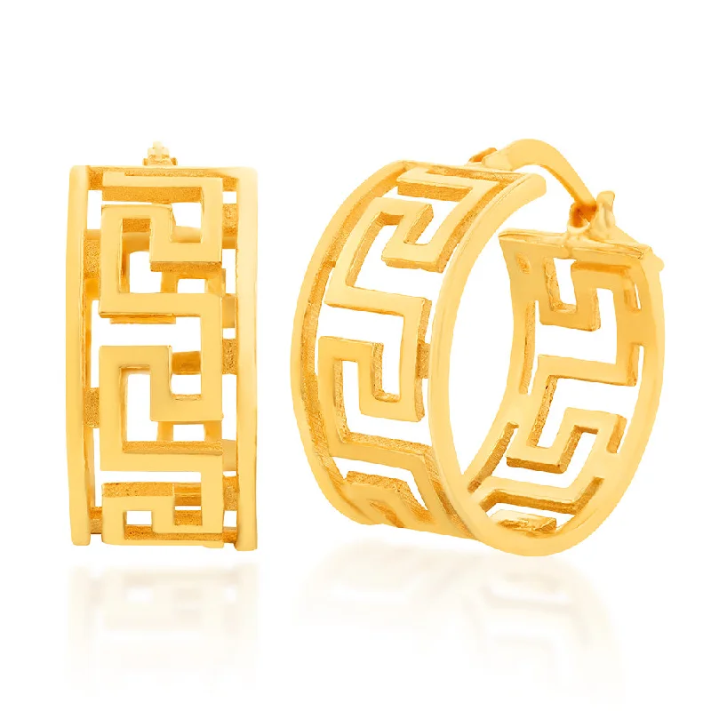 fashion crystal earrings for women -Yellow Gold Plated Greek Pattern Broad Hoop Earrings