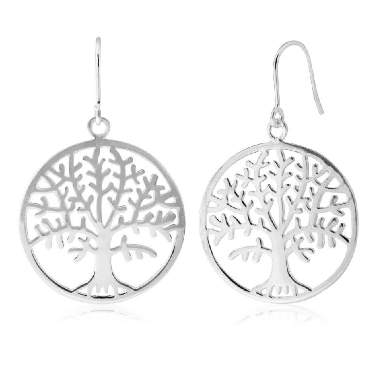 turquoise drop earrings for women -Sterling Silver Tree of Life in Circle Drop Earrings