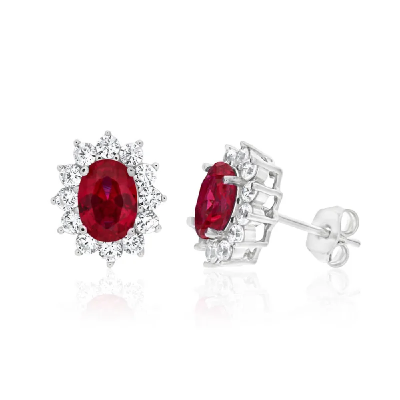 bridal earrings for women -Sterling Silver Cubic Zirconia Red Cluster Halo Stud Earrings