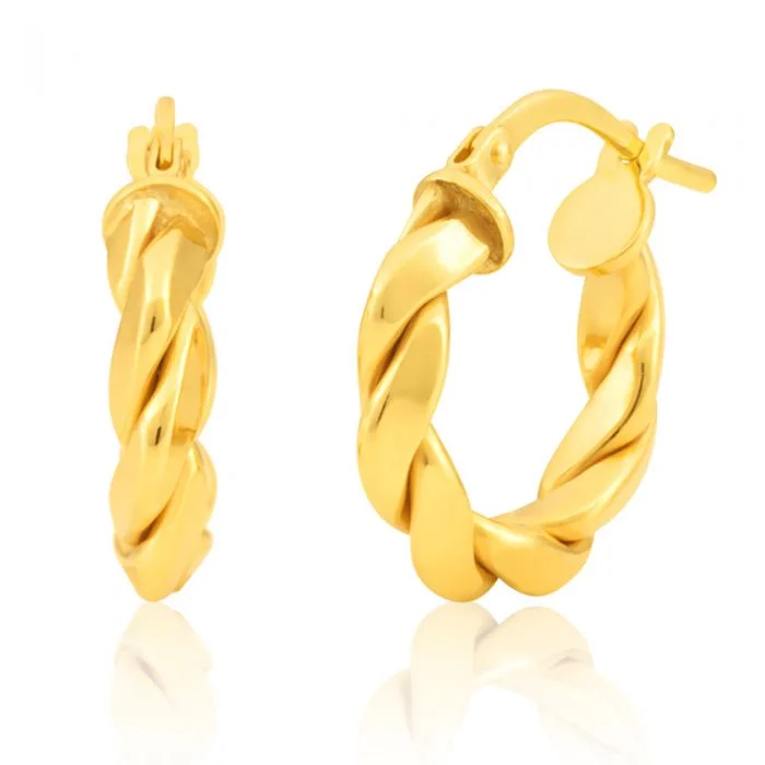 fancy earrings for women -Silverfilled 9ct Yellow Gold Fancy Twist 10mm Hoop Earrings