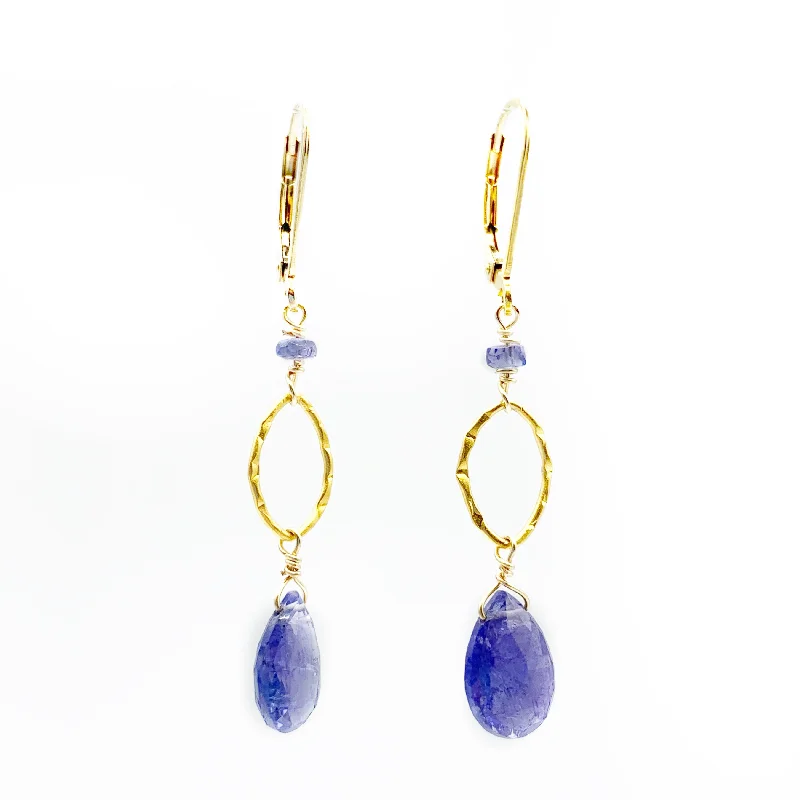 drop earrings for women -Tanzanite Drops on Gold Vermeil Hammered Oval On 14K Gold Filled Wire Earrings