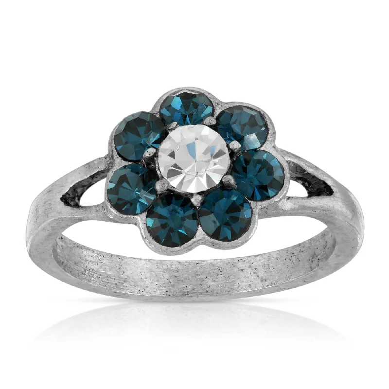 gold rings for women -1928 Jewelry Pewter Clear And Dark Blue Crystal Flower Ring Size 7