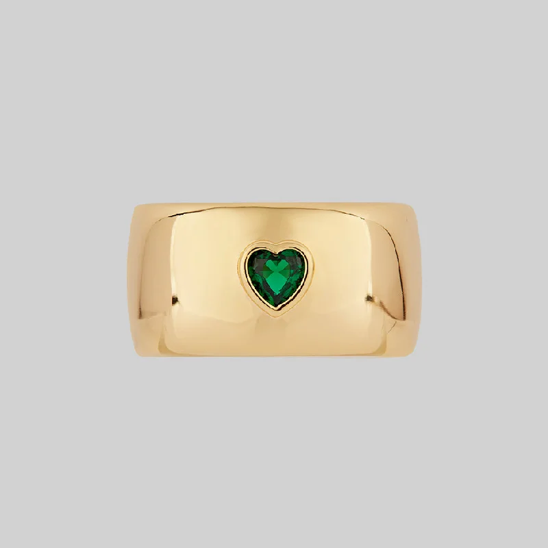 small rings for women -CANDICE. Green Heart Chunky Band Ring - Gold