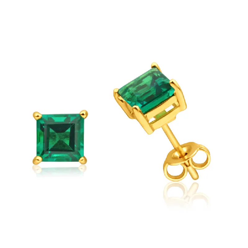 zodiac earrings for women -9ct Yellow Gold Created Emerald Stud Earrings