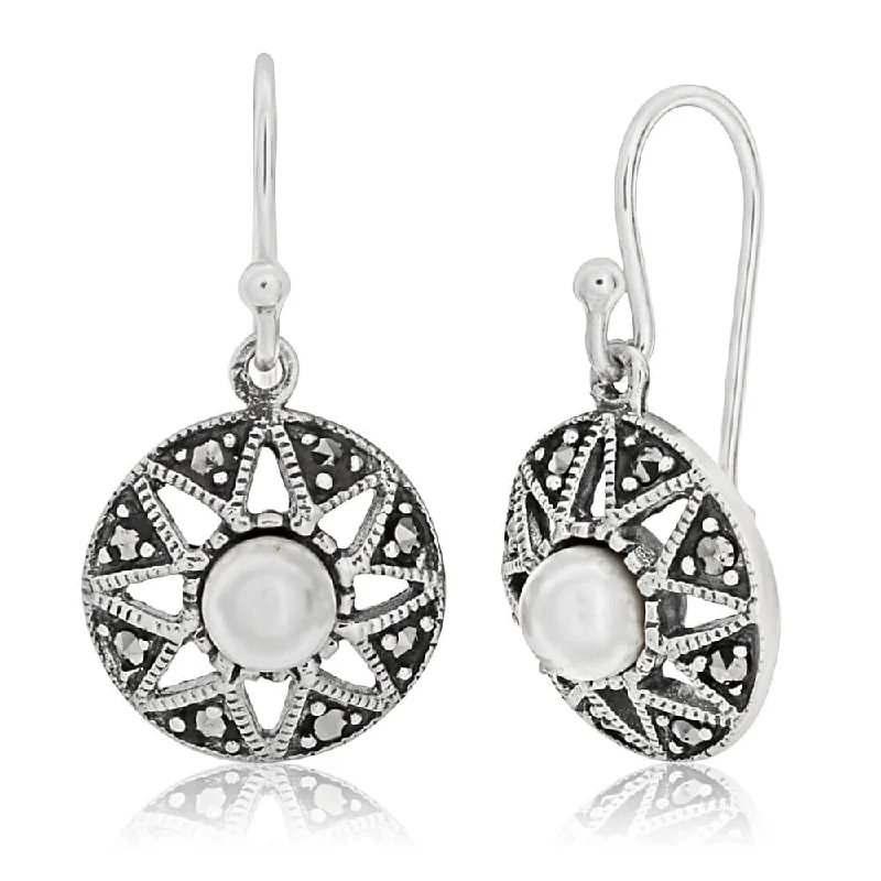 gold-plated hoop earrings for women -Sterling Silver Round Marcasite + Pearl Earrings