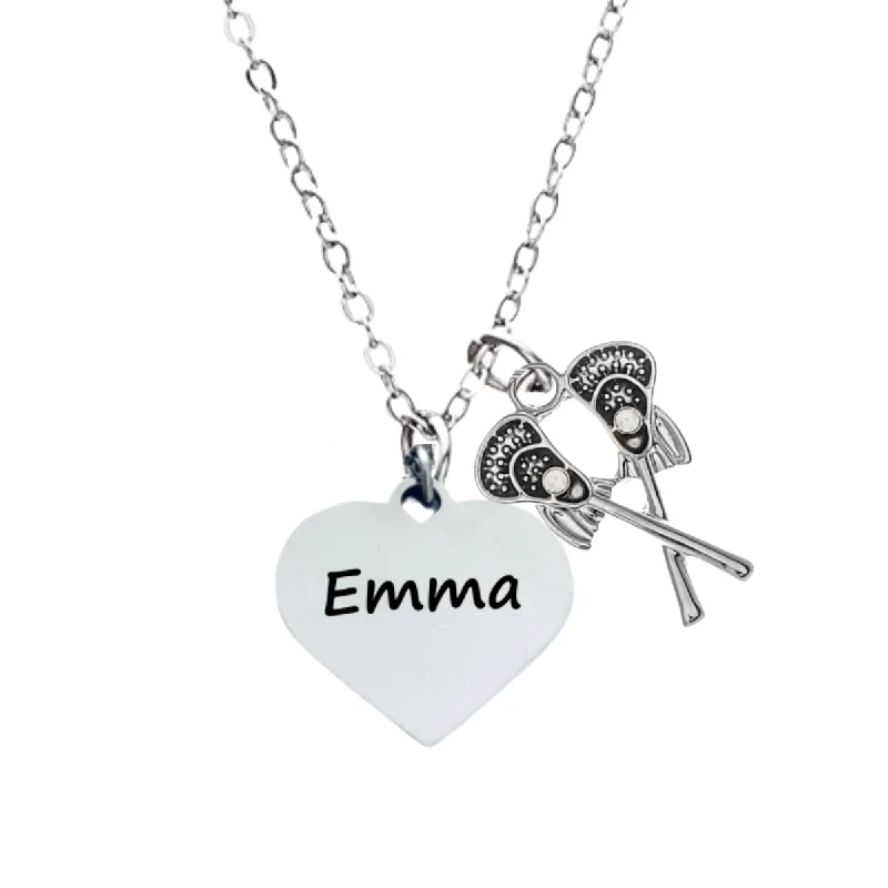 silver plated necklaces for women -Engraved Lacrosse Heart Necklace