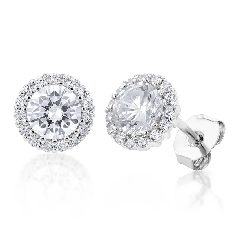 long earrings for women -Sterling Silver White Cubic Zirconia Halo 8mm Stud Earrings