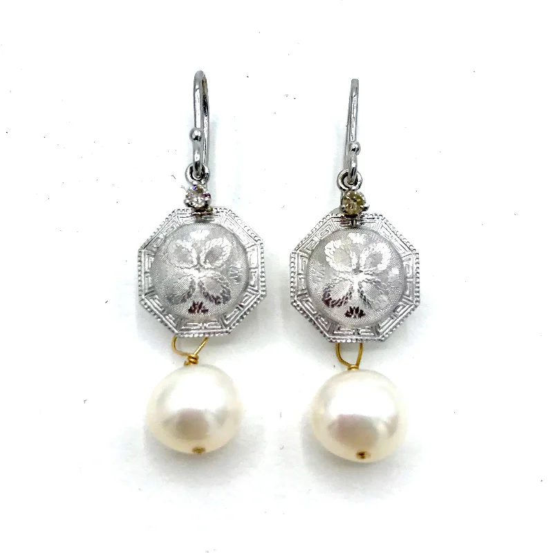 bridal earrings for women -Engraved White Gold and Pearl Earrings w/ Diamonds