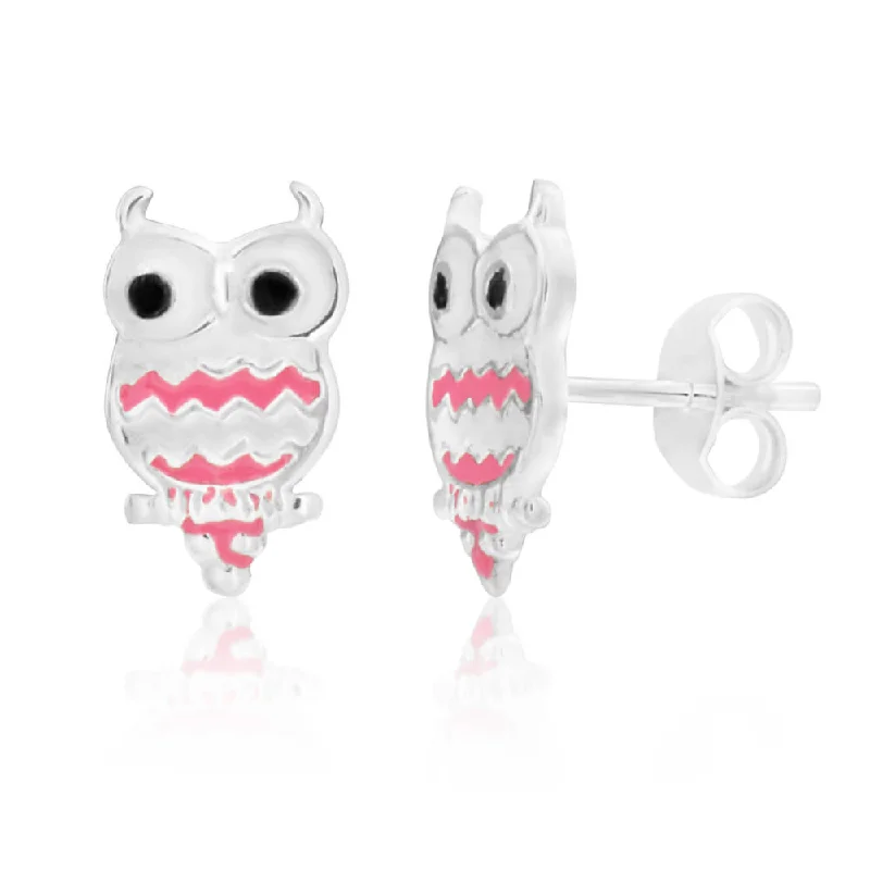 pave diamond earrings for women -Sterling Silver Owl Pink Stud Earrings