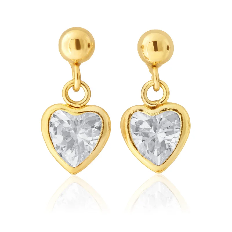 vintage earrings for women -9ct Yellow Gold Heart Shape Zirconia Drop Earrings