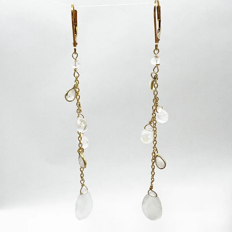 gold earrings for women -Golden Briolette Moonstone Long Drop Earrings