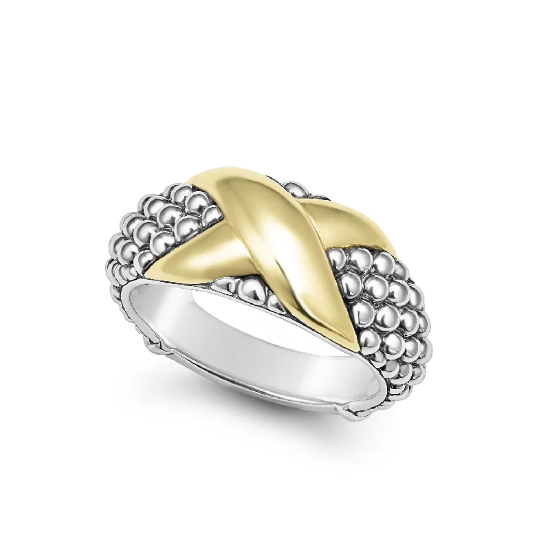 pear-shaped rings for women -Lagos Sterling Silver & 18K Yellow Gold Embrace X Caviar Ring