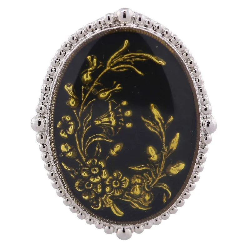 engraved rings for women -1928 Jewelry Oval Hand Enameled Black And Gold Floral Stretch Ring