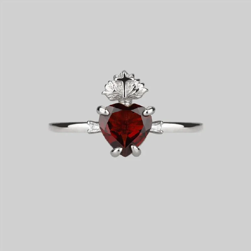 halo rings for women -The Sacred Heart Garnet Ring - Silver