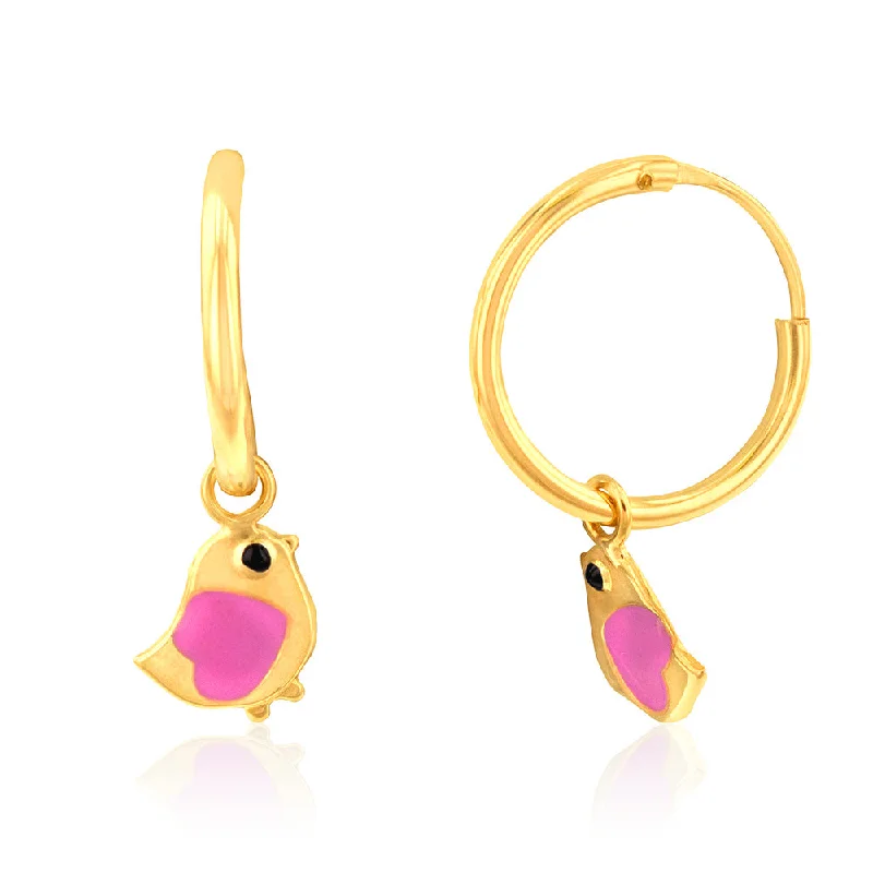 boho chic earrings for women -9ct Yellow Gold Pink Bird Sleeper Earrings