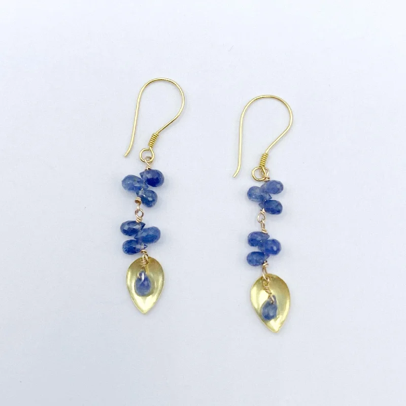 hoop earrings with charms for women -Sapphire Flowers Floating on Golden Leaves