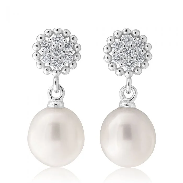 butterfly earrings for women -Sterling Silver White Freshwater Pearl 7.5-8mm & Zirconia Earrings