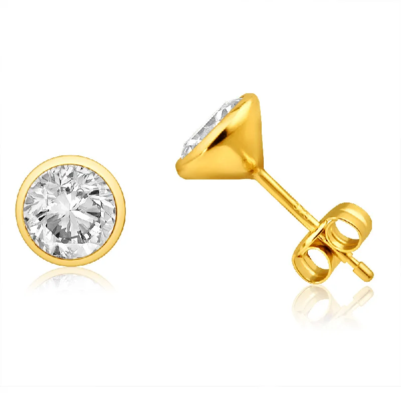 personalized earrings for women -9ct Yellow Gold Bezel Set 6mm Cubic Zirconia Stud Earrings