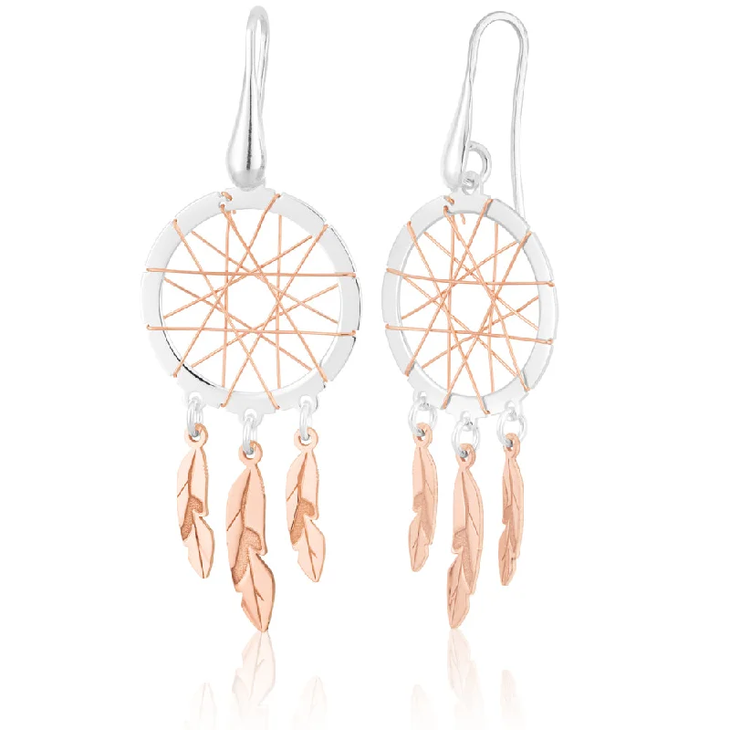 diamond drop earrings for women -Sterling Silver Rose Plated Two tone 50mm Dream Catcher Earrings