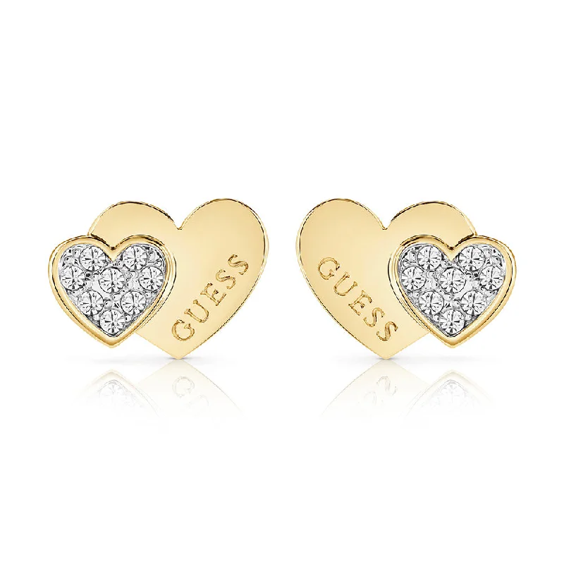 asymmetrical earrings for women -Guess Yellow Gold Plated Double Heart Pave Stud Earrings