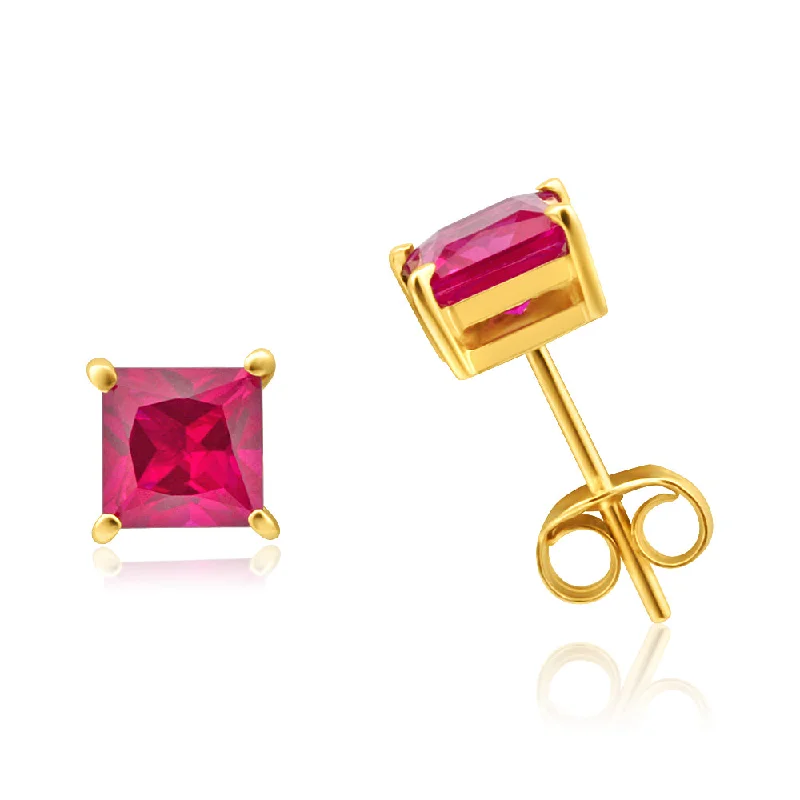 dangle earrings for women -9ct Yellow Gold Created Ruby 5mm Princess Cut Stud Earrings