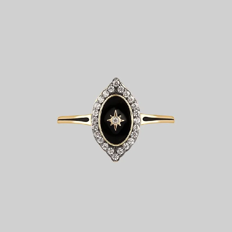 vintage-inspired rings for women -REVERENCE. Oval Black Enamel Crystal Gold Ring