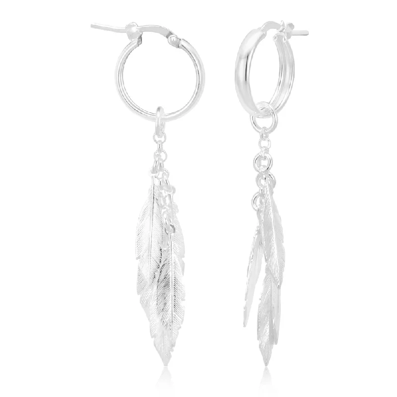 crystal earrings for women -Sterling Silver Hoop and Multi Feather Drop Earrings