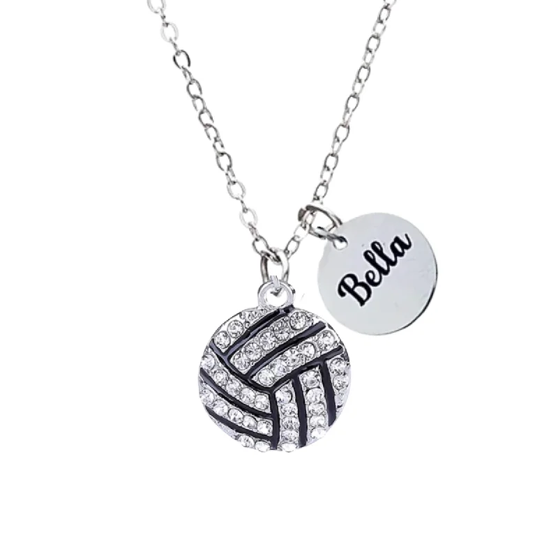 geometric necklaces for women -Personalized Engraved Rhinestone Volleyball Necklace