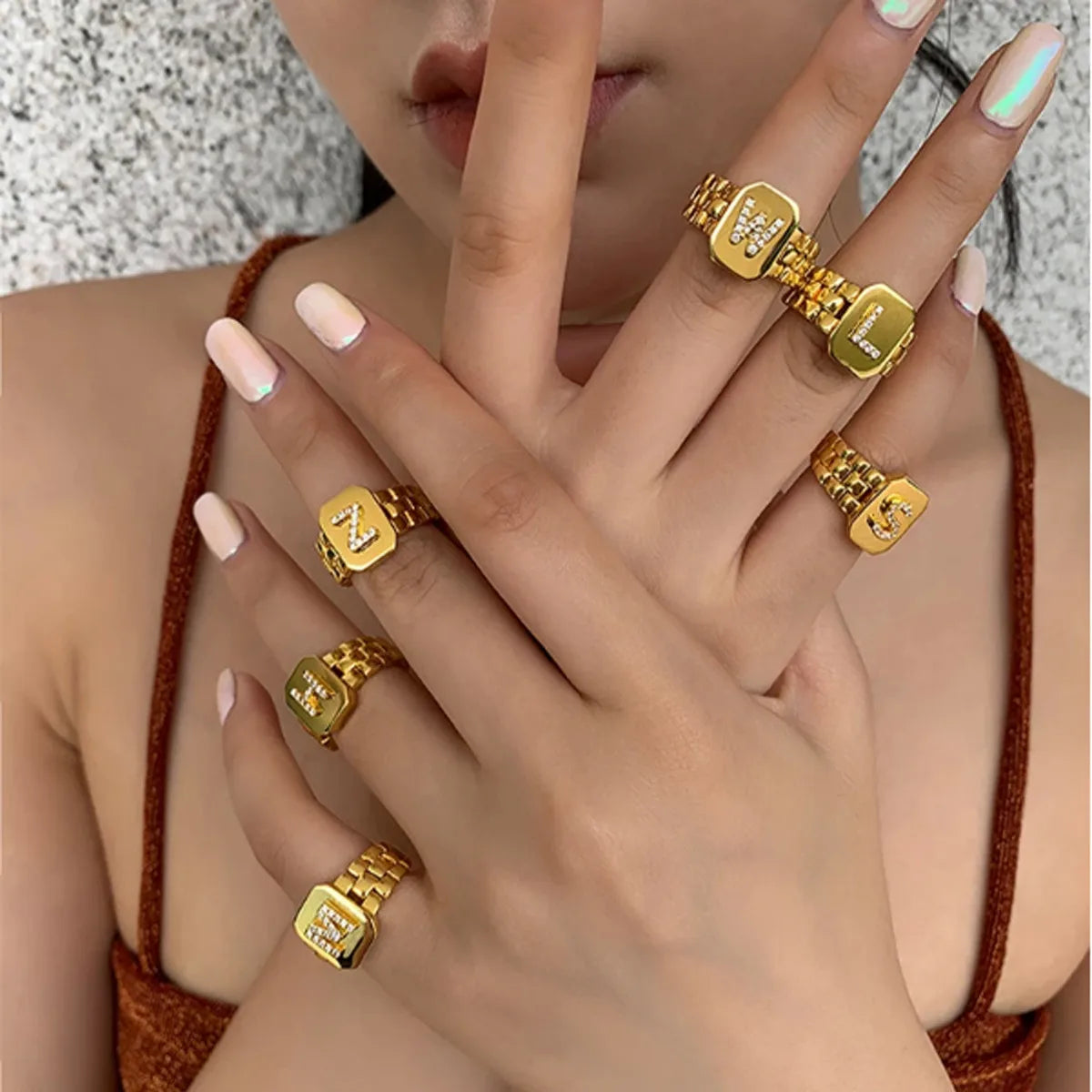 gold rings for women -Copper IG Style Simple Style Plating Inlay Geometric Letter Zircon Open Rings