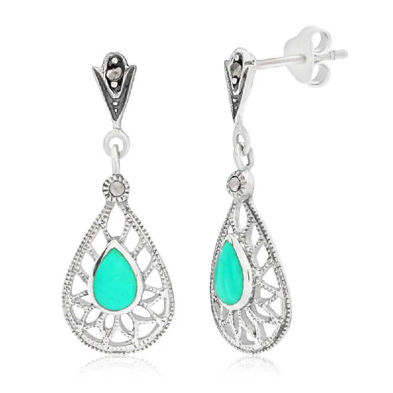 classic earrings for women -Sterling Silver Created Turquoise Classic Drop Earrings