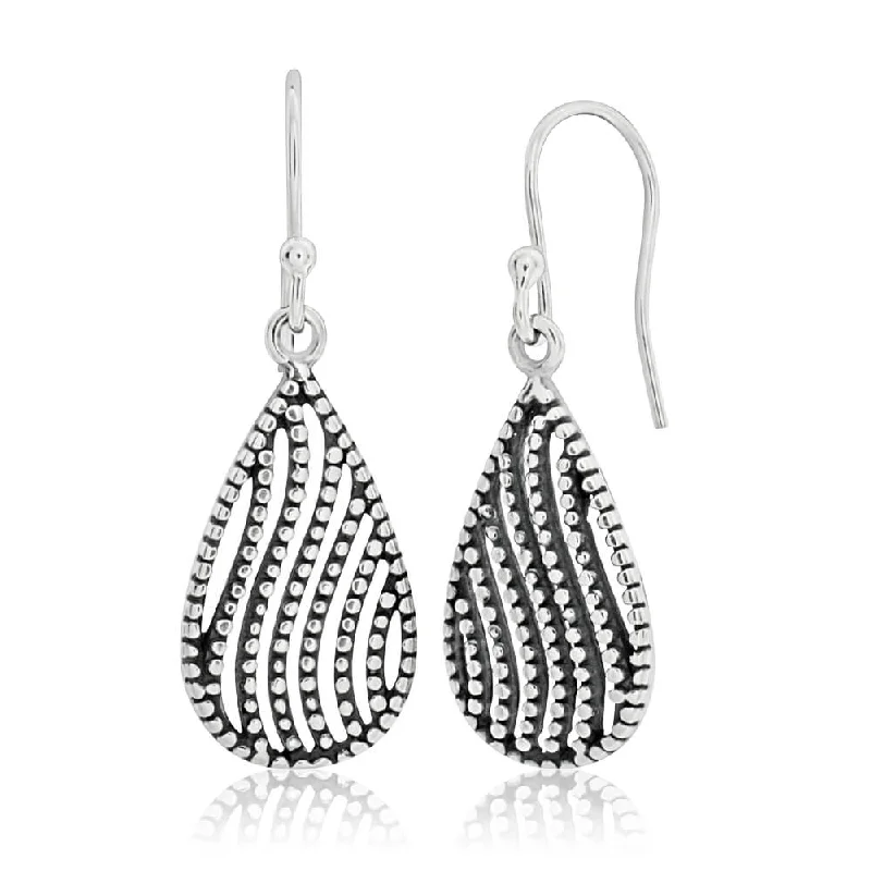 dangle earrings for women -Sterling Silver Teardrop Milgrain Drop Earrings