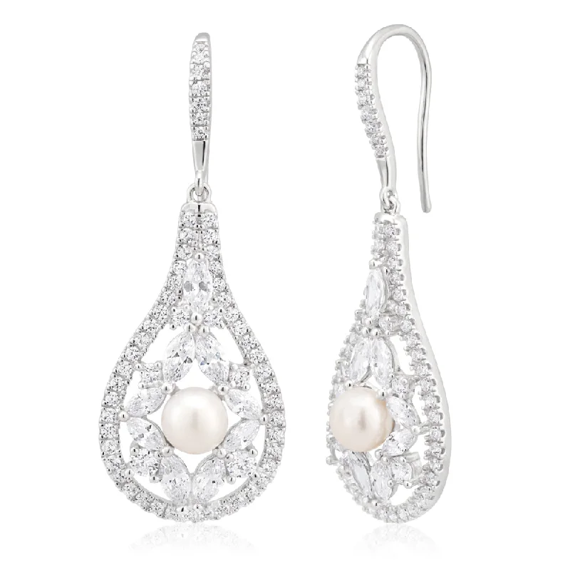 bridal earrings for women -Sterling Silver Rhodium Plate Freshwater Pearl and Zirconia Fancy Drop Earrings