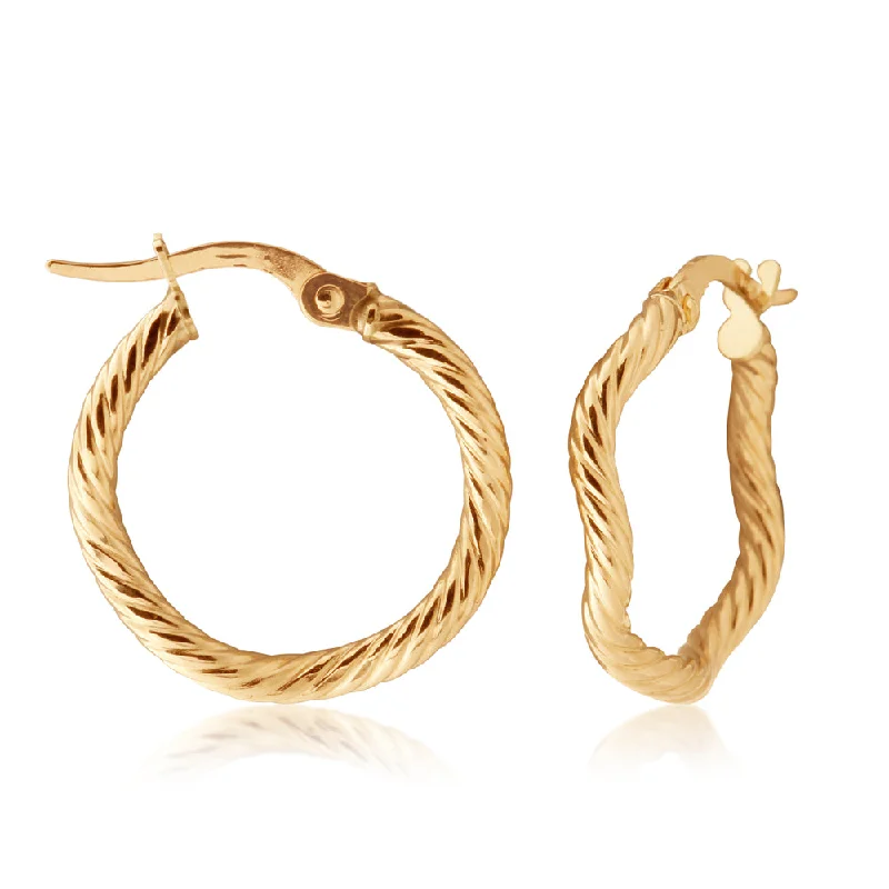 minimal earrings for women -9ct Yellow Gold Patterned Abstract 15mm Hoop Earrings