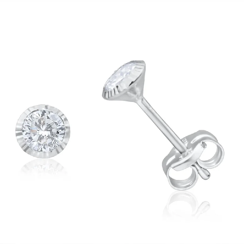 bridal earrings for women -9ct White Gold 4mm Cubic Zirconia Dicut Bezel Set Stud Earrings