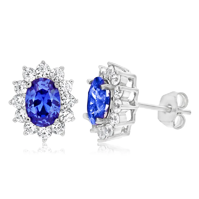 silver stud earrings for women -Sterling Silver Cubic Zirconia Blue Cluster Halo Stud Earrings