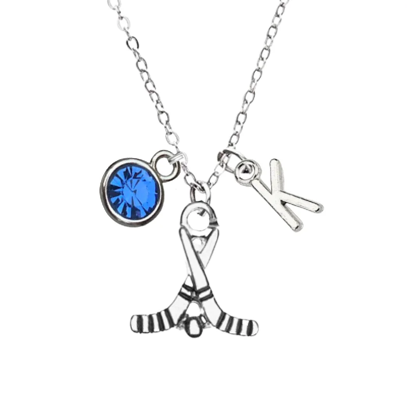 solitaire pendant necklaces for women -Personalized Ice Hockey Stick Necklace with Letter & Birthstone Charm