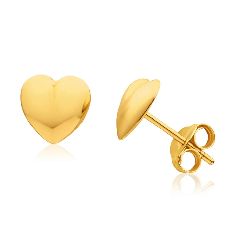 diamond earrings for women -9ct Yellow Gold Puff Heart Stud Earrings