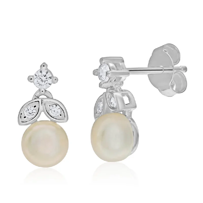 emerald earrings for women -Sterling Silver Freshwater Pearl and Zirconia Stud Earrings