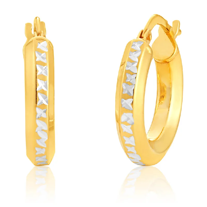 clip-on earrings for women -9ct Yellow Gold Silver Filled Hoop Earrings with diamond cut cross pattern feature