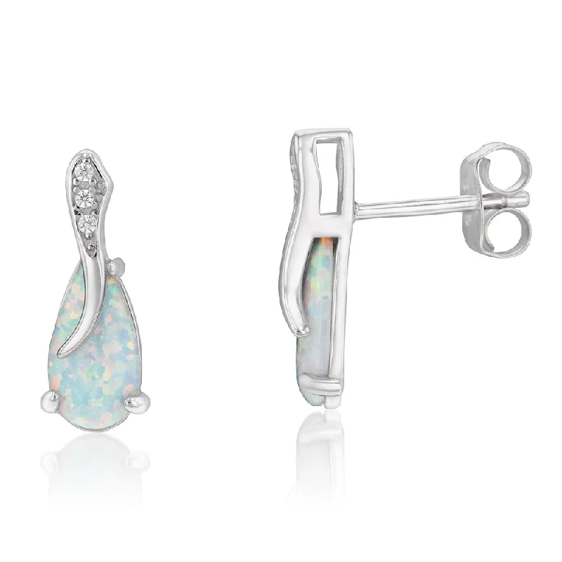 personalized earrings for women -Sterling Silver Rhodium Plated Cubic Zirconia Synthetic Opal Crossover Earrings