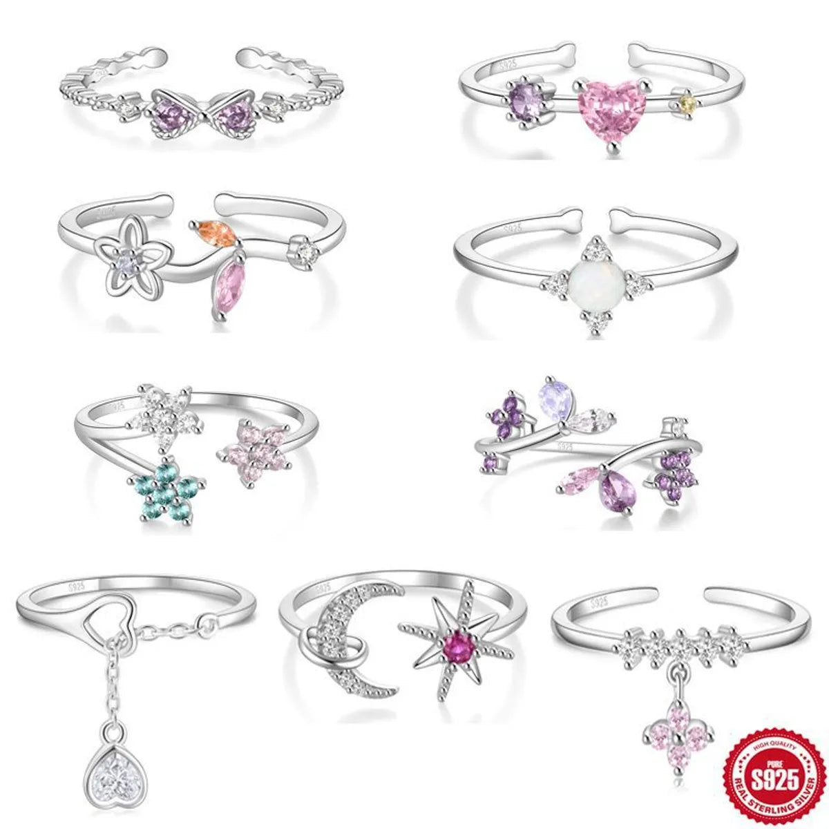 diamond accent rings for women -Sterling Silver Sweet Shiny Heart Shape Flower Bow Knot Plating Flowers Zircon Open Rings