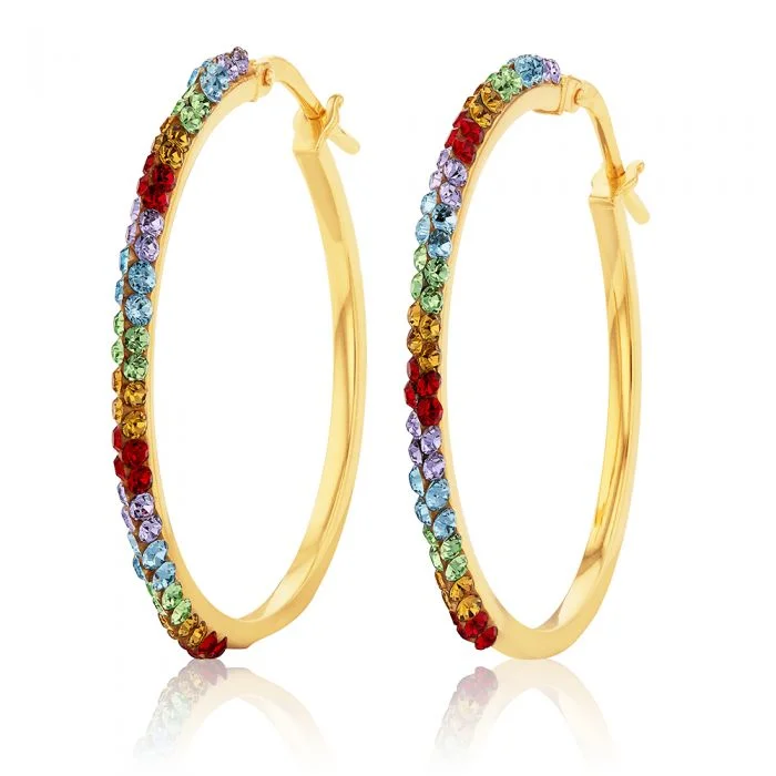 turquoise earrings for women -9ct Silverfilled Yellow Gold Rainbow Multi-Colour Crystals 25mm Hoop Earrings