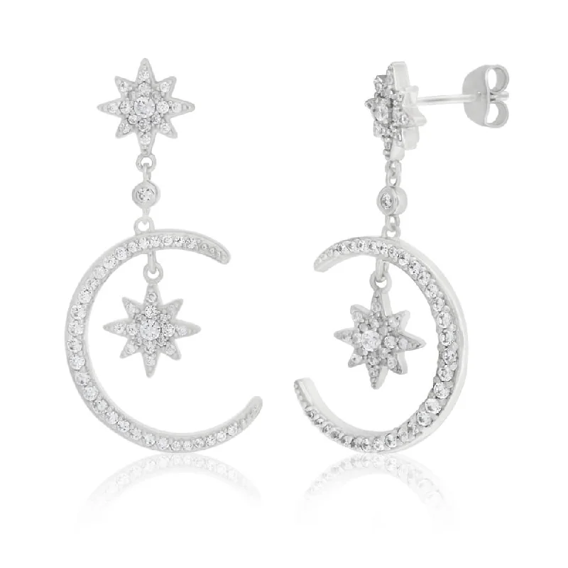 flower stud earrings for women -Sterling Silver Cubic Zirconia Moon & Star Drop Earrings