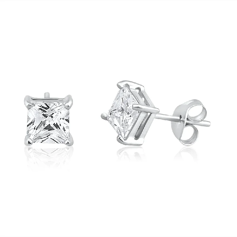 clip-on earrings for women -9ct White Gold Princess Cut Cubic Zirconia 5mm Stud Earrings